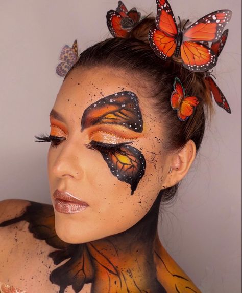 Full Face Butterfly Makeup, Butterfly Fantasy Makeup, Monarch Butterfly Costume Women, Butterfly Costume Diy Women, Buterfluffy Makeup, Butterfly Custome Halloween, Diy Butterfly Costume For Women, Makeup Papillon, Halloween Butterfly Makeup