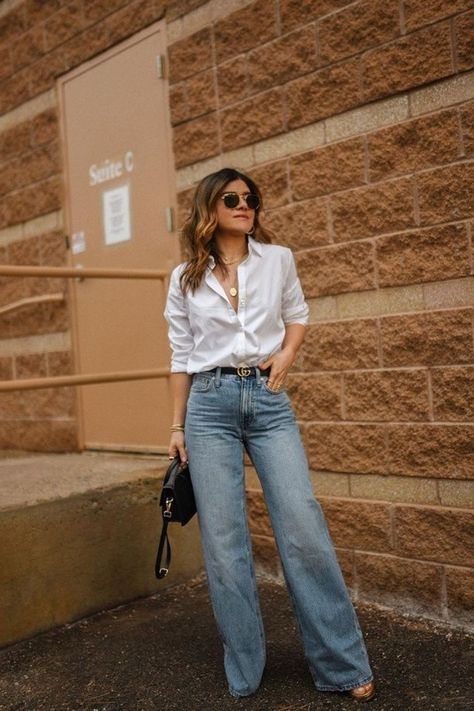 Collar Shirt And Jeans Outfit, Jeans With White Blouse Outfit, White Button Shirt And Jeans Outfit, Jean With Shirt Outfit, White Shirt Wide Leg Jeans, White Button Down White Pants, Denim With Heels, White Shirt And Jeans Outfit Heels, Button Down With Jeans Women