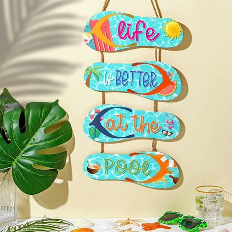 PRICES MAY VARY. What You Receive: you will receive 4 pieces of wooden flip flop wall decors strung together as a whole for displaying, the whole size is about 22 x 10 inches/ 55 x 25 cm, and each single flip flop decor is about 10 x 4 inches/ 25 x 10 cm with a thickness of 0.2 inches/ 0.5 cm, noticeable size for you to decorate your home Flip Flop Design: the swimming pool decorations outdoor is designed with the shape of flip flops, printed with rich summer elements, such as sun, watermelon, s Wooden Flip Flop Crafts, Wood Flip Flop Door Hangers, Pool Decorations, Rich Summer, Swimming Pool Decorations, Pool Deck Decorations, Summer Elements, Flip Flop Craft, Theme Bathroom