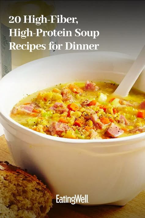 These easy deliciously satisfying soup recipes are packed with fiber and protein to help you stay full for the rest of the night. Recipes like our Slow-Cooker Chicken & White Bean Stew and Red Lentil Soup with Saffron are some of the most delicious and satisfying ways to enjoy a bowl soup at dinnertime. High Fibre Soup, Recipes With Fiber, Soup Recipes For Dinner, Fiber Soup, Protein Soup Recipes, Vegetarian Chili Easy, White Bean Stew, Protein Soups, Low Calorie Soup