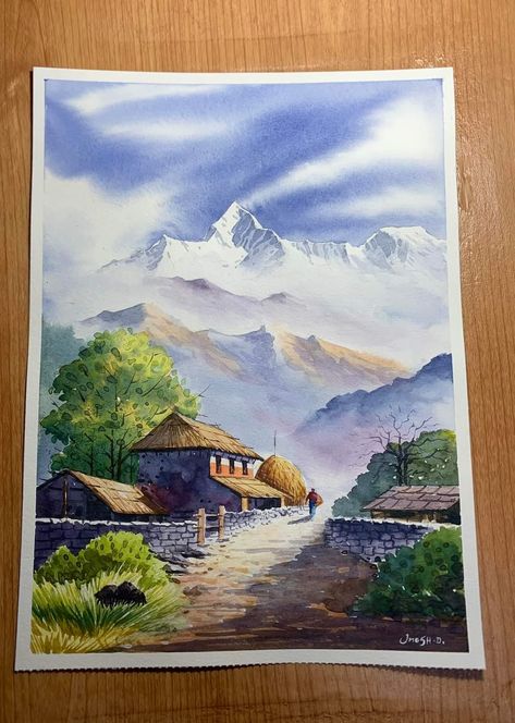 Advance Watercolor Painting, Senery Pic Drawing Watercolor, Water Colour Landscape Watercolour, Watercolour Scenery Painting, Watercolor Scenery Easy, Scenery Painting Watercolor, Nepal Landscape, Watercolour Scenery, Watercolor Scenery Painting