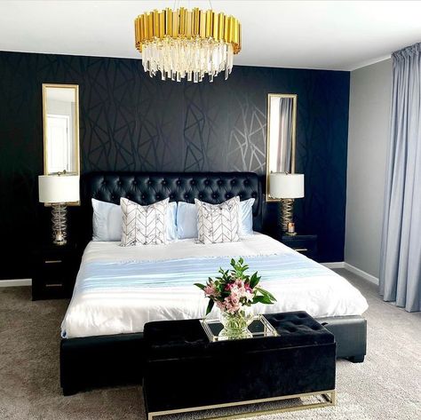 Pooja (@hautehousedecor) posted on Instagram: “Loving these outside the box bedrooms! That black wallpaper 🙌 1 @anya_gc_elegancy 2 @mrsjoyclary #bedroomdecor #livingroomdecor…” • Aug 30, 2021 at 6:09pm UTC Master Bedrooms Decor Unique, Black Wallpaper Bedroom, Black White And Gold Bedroom, Black Walls Bedroom, Black Accent Wall, Black And White Bedroom, Glam Bedroom Decor, Black Accent Walls, Beautiful Bedrooms Master