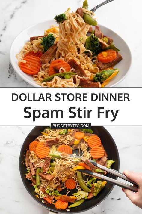 This quick Spam stir fry is a dollar store dinner that only requires a few simple ingredients: ramen noodles, frozen vegetables, and luncheon meat. Pop over to our site for the recipe! | dinner recipes | easy meals | budget recipes | Dollar Store Dinner, Spam Stir Fry, Poverty Meal, Cheap Easy Healthy Meals, Budget Friendly Dinner Recipes, Budget Dinner Recipes, Fry Noodles, Budget Friendly Dinner, Luncheon Meat