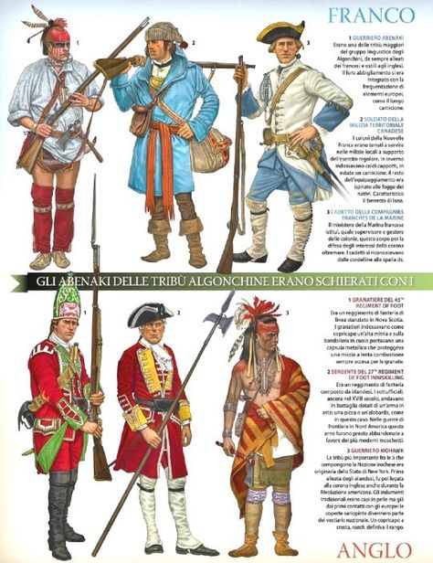 Top Left to Bottom right; Abenaki warrior,Canadian militia,Cadet Compagnie Francs De La Marine ,Grenadier 45th Foot , Sergeant 22nd (Inniskilling) Foot Mohawk warrior: French Grenadier, Mohawk Warrior, Woodland Indians, Indian Wars, American Military History, Native American Warrior, Native American Artwork, American Colonies, Colonial America