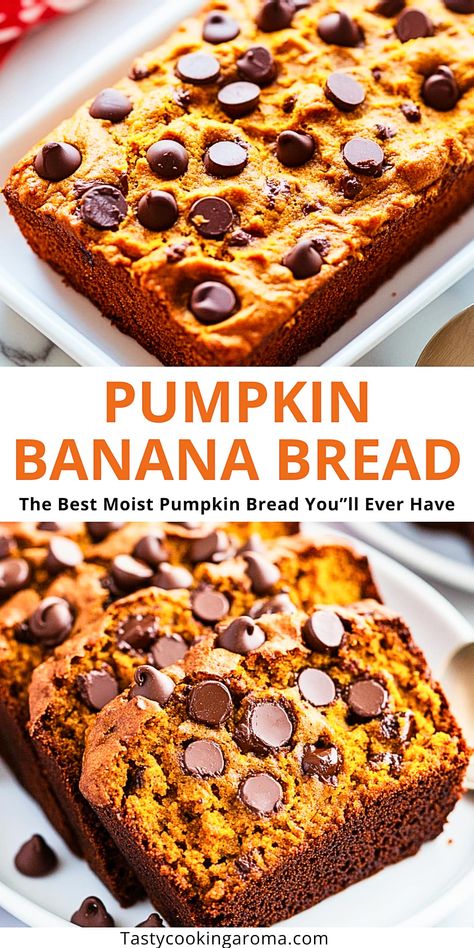 You’ll Love This Pumpkin Banana Bread Recipe: Perfectly Spiced and Super Easy! - Tasty Cooking Aroma Pumpkin Chocolate Chip Banana Bread, Pumpkin Banana Bread Recipe, Pumpkin Chip, Pumpkin Banana Bread, Moist Pumpkin Bread, Fall Baking Recipes, Pumpkin Chocolate Chip Bread, Pumpkin Banana, Pumpkin Bread Recipe