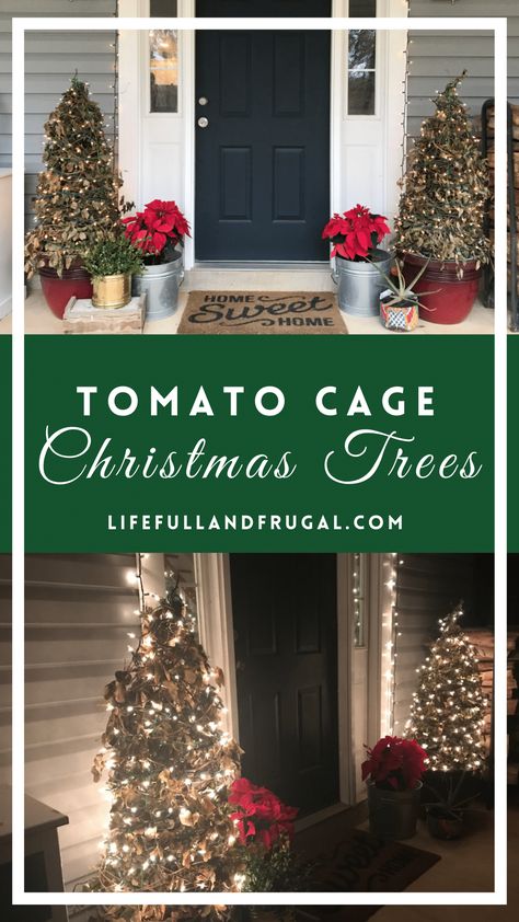 Tomato Cage Diy Christmas, Front Porch Christmas Decor Ideas Tomato Cages, Christmas Tree Made Out Of Tomato Cage, Tomato Cage Christmas Tree Diy Outdoor, Wire Tomato Cage Christmas Tree, Christmas Lampost Diy, Christmas Tree From Tomato Cage Ideas, Tomato Basket Christmas Tree, Christmas Decor Using Tomato Cage