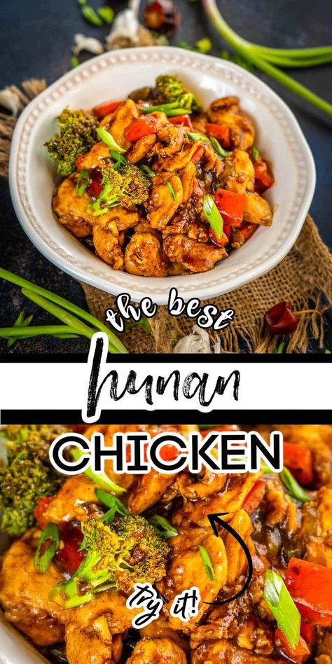 Make this hot and spicy, Hunan style chicken at home in under 30 minutes. It’s budget-friendly, loaded with colorful veggies and the spices can be adjusted to your taste. Hunan Chicken Recipe Chinese Food, Hunan Chicken Recipe, Recipes With Hoisin Sauce, Spicy Chinese Chicken, Hunan Chicken, Chicken Peppers And Onions, Spicy Asian Chicken, Hot Chicken Recipe, Gf Meals