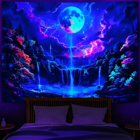 PRICES MAY VARY. High Quality Material- This Blacklight Moon Waterfall tapestry adopts advanced HD print with it's vivid colors, crisp lines. Made of premium quality polyester fiber. Lightweight, soft, durable, smooth and easy to care for. UV/Black Light Reactive- With special ink and advanced sublimation printing tech, the magic lunar lightning waterfall tapestry can glow gorgeously under blacklight or UV light in the dark. Under normal lighting, the color is also full and gorgeous, elevate you Glow In The Dark Bathroom, Waterfall In Bedroom, Indie Room Tapestry, Blacklight Bedroom, Glow In The Dark Room, Moon Waterfall, Magic Waterfall, Black Light Room, Waterfall Forest