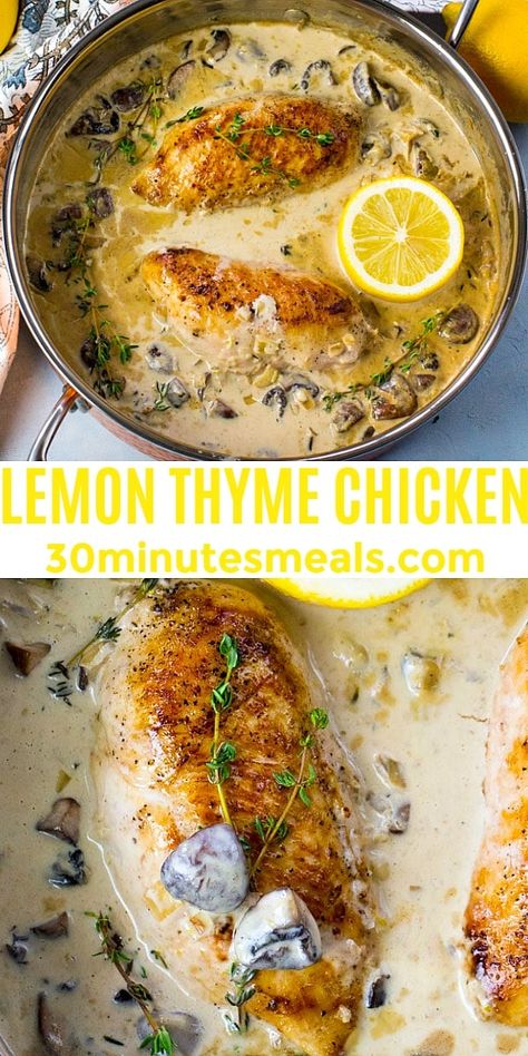 Chicken Recipes With Fresh Thyme, Lemon Braised Chicken, Recipes That Use Thyme, Creamy Thyme Chicken, Lemon Thyme Pasta, Chicken And Thyme Recipes, Honey Thyme Chicken, Chicken Herb Recipes, Coconut Lemon Chicken