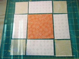 Uneven Nine Patch Quilt Block, Uneven 9 Patch Quilt Pattern, 9 Patch Quilt, Cut Orange, Nine Patch Quilt, Nine Patch, Patch Quilt, Orange Fabric, Beige Fabric