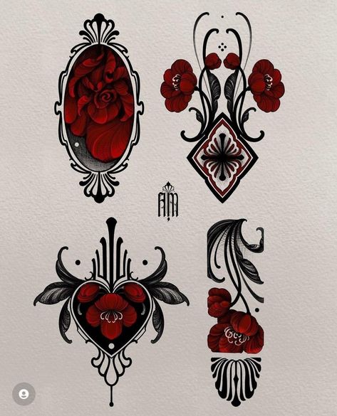 Art Nouveau Hand Tattoo, Black And Red Traditional Tattoo, Tattoo Apprenticeship Portfolio, Marble Tattoo, Tattoo Composition, Ornate Tattoo, Medium Tattoos, Art Deco Tattoo, Art Nouveau Tattoo