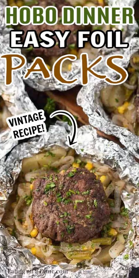 These hobo dinner foil packets are the ultimate campfire comfort food. These hobo packets made on the grill or in the oven with ground beef are perfect for camping or just for an easy family dinner. You are going to love this easy hobo dinner recipe! #eatingonadime #hobodinners #grillingrecipes #campingrecipes #beefrecipes Hobo Dinner Foil Packets, Dinner Foil Packets, Hobo Meals, Hobo Dinner Recipes, Hobo Dinner, Tin Foil Dinners, Hobo Dinners, Foil Pack Dinners, Foil Packet Dinners