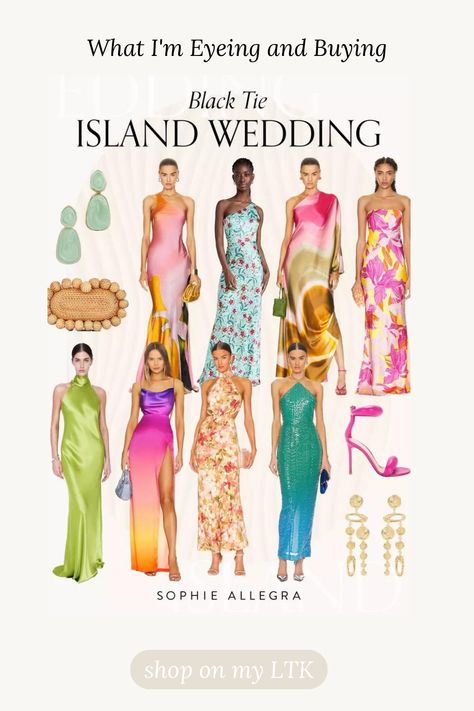 Wedding season is here and so I've curated a roundup of different styles of wedding guest dresses for this summer. I've found colorful and floral dresses for destination beach weddings or any wedding you may be attending. You can shop all of the dresses, heels and accessories on my LTK! Topical Wedding Dress, Black Tie Wedding Guest Palm Beach, Destination Wedding Welcome Party Outfit, Summer Wedding Bridesmaids Dresses, Beach Wedding Aesthetic Bridesmaid, Bahamas Wedding Guest Dress, Resort Formal Wedding Attire, Beach Black Tie Wedding Guest, Island Wedding Colors