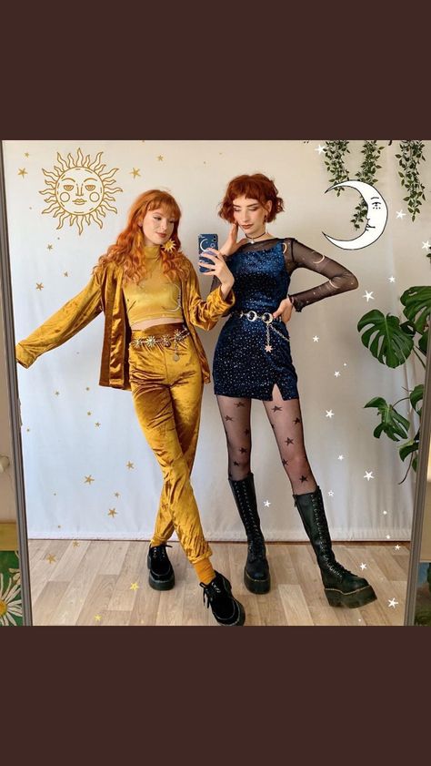 Matching Halloween Costumes Aesthetic, Opposites Costumes, 70s Festival Outfit, Sun Inspired Outfit, Saturn Outfit, Sun Outfits, Moon Outfits, Sun Outfit, Harajuku Grunge