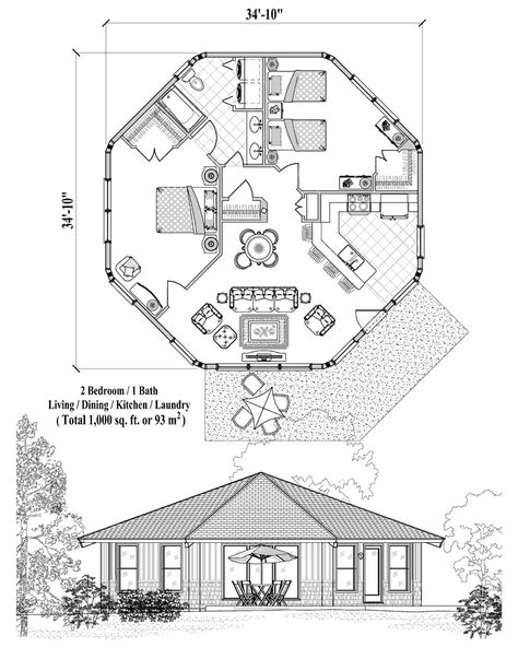 Online House Plan: 1000 sq. ft., 2 Bedrooms, 1 Baths, Patio Collection (PT-1121) by Topsider Homes. 800 Sq Ft House, Hexagon House, 1 Bedroom House Plans, Patio House, Round House Plans, House Plans South Africa, Octagon House, Silo House, 1 Bedroom House