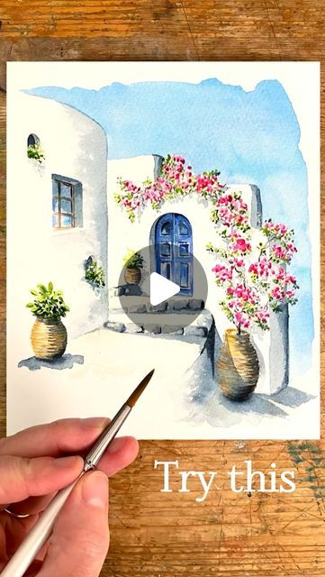 Shadow Techniques, Greece Watercolor, Greece Landscape, Greek Village, Greece Painting, Shadow Painting, Painting 101, Village Scene, Watercolor Lessons