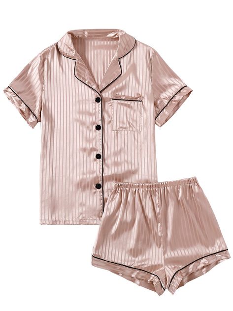 PRICES MAY VARY. Soft and lightweight silk satin material, this loungewear set is comfortable for your relaxing day or night. Two piece satin pajamas set featuring with a button front short sleeve shirt and a pair of shorts. Notch collar short sleeve top with a chest pocket, button up closure, piping trim. V neck stripe printed sleepshirt. Printed elastic waist shorts for a relaxed fit. Women's summer loungewear pajamas set with shorts. Casual 2 piece satin PJs sleepwear set for year-round wear. Satin Pajamas Set, Shorts Sleepwear, Summer Loungewear, Satin Pjs, Pajamas Short, Top With Shorts, Satin Short, Striped Pyjamas, Satin Pyjama Set