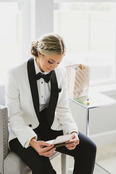 Lesbian Wedding St. Augustine, FL by Stephanie W. Photography Wedding Tux Women, Lesbian Groom Attire, Lesbian Stud Wedding Attire, Lesbian In Suit Wedding, Masc Lesbian Beach Wedding Outfit, White Tux Black Lapel, White Tuxedo Wedding Women, Masc Lesbian Wedding Hairstyles, Lesbian Updo