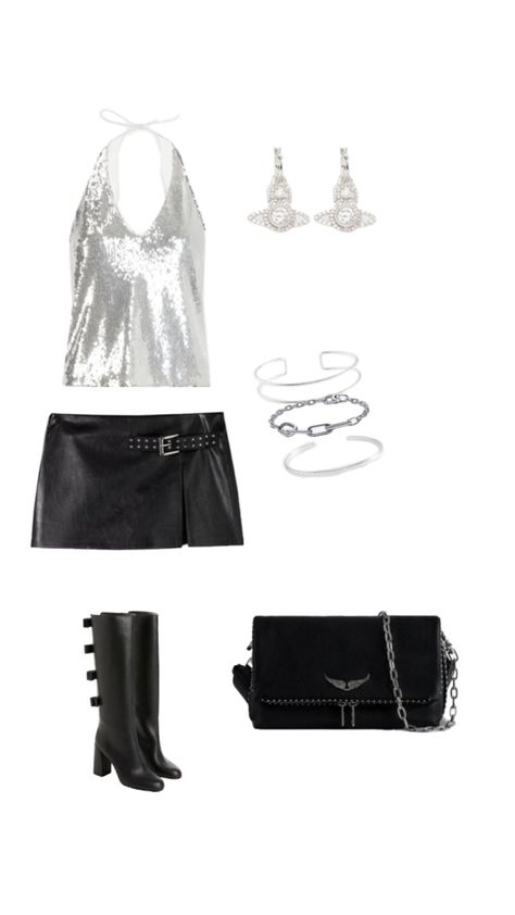 Silver top, black leather skirt, black boots, purse and accessories Silver Party Outfit, Black And Silver Outfit, Black And Silver Outfits, Black And Silver Party, Silver Outfit, Silver Outfits, Silver Party, Black And Silver, Black Outfit