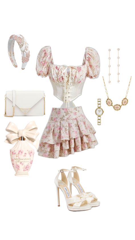 Coquette,OOTD,floral,top,skirt,plaided,heels,watch,earrings,bag,gold,perfume,love shake Coquette Fashion Outfit, Hyperfeminine Outfit, Princesscore Outfits, Aesthetic Outfits Coquette, Coquette Wardrobe, Coquette Outfit Aesthetic, Outfit Inspo Coquette, Princess Aesthetic Outfits, Coquette Clothes