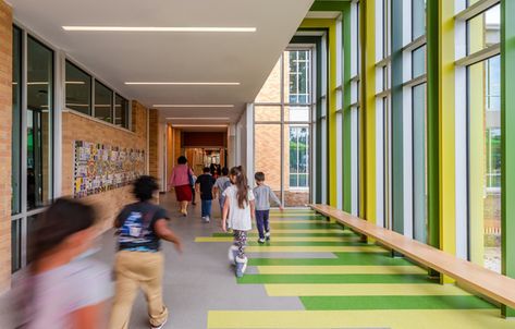 K 12 School Architecture, Elementary School Corridor Design, Elementary Schools Architecture, Modern School Interior Design, Elementary School Design Architecture, Elementary School Interior Design, Modern School Interior, School Corridor Design, School Design Interior