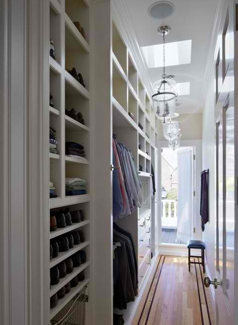 Hallway as Dressing Room! Long Narrow Closet, Narrow Closet Organization, Narrow Walk In Closet, Narrow Closet, Creative Closets, Hallway Closet, Walking Closet, Beautiful Closets, Walk In Closet Design