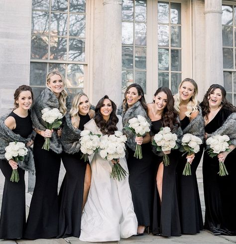 Black Bridesmaid Dress Winter, January Wedding Colors, Bridesmaid Dresses White, Greenery Bouquets, Winter Wedding Fur, Winter Wedding Bridesmaids, Colors For 2024, Winter Bridesmaids, Winter Bridesmaid Dresses