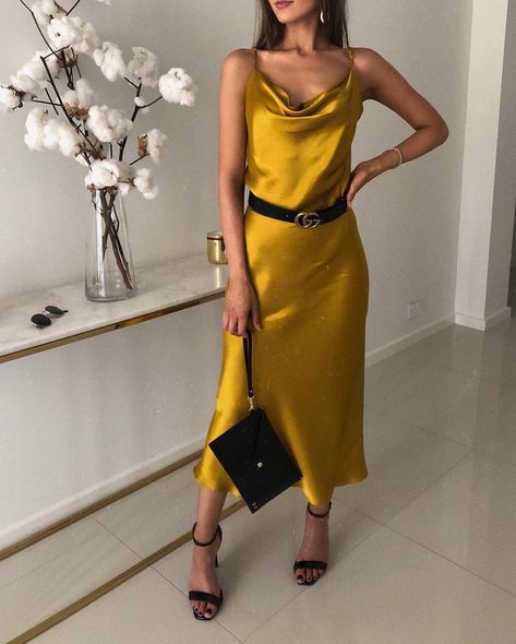 Gold Satin Dress Outfit, Gold Satin Slip Dress, Satin Dress Outfit, Gold Slip Dress, Gold Satin Dress, Zara Gold, Yellow Satin, Yellow Wedding, Gold Satin