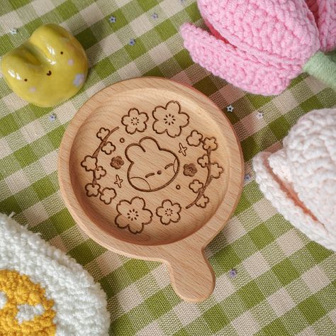 Wooden Trinket Tray, Room Deco Aesthetic, Coasters Aesthetic, Bunny Coaster, Aesthetic Coasters, Engraved Coasters, Cute Room, Cute Coasters, Crochet Rabbit