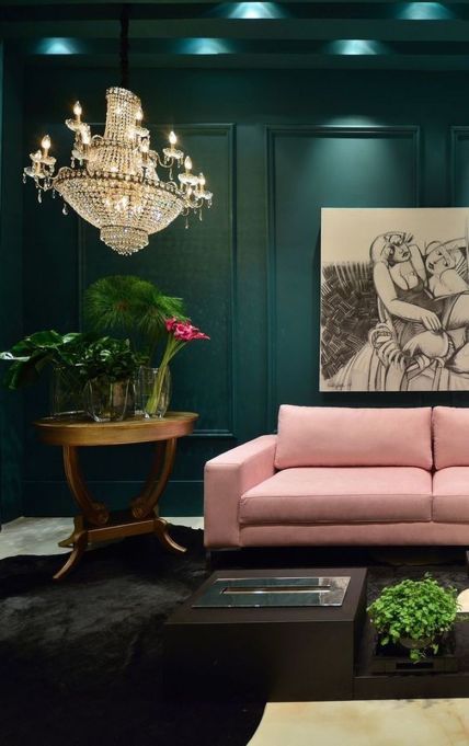 Painted ceiling inspiration: Colorwashed Green Room Dark Green Rooms, Dark Green Living Room, Green Bedroom Design, Dark Green Walls, Simple Interior Design, Room Blue, Pink Living Room, Pink Sofa, Eclectic Living Room