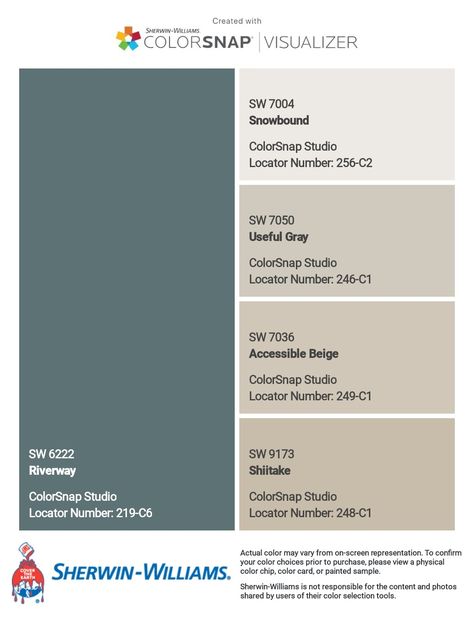 Riverway Color Palette, Riverway Sherwin Williams Living Rooms, Sherwin Williams Sealskin Color Palettes, Sherwin Williams Riverway Color Palettes, Kitchen Swatches, Riverway Sherwin Williams, Sherwin Williams Riverway, Accent Wall Paint Colors, Sherwin Williams Color Palette