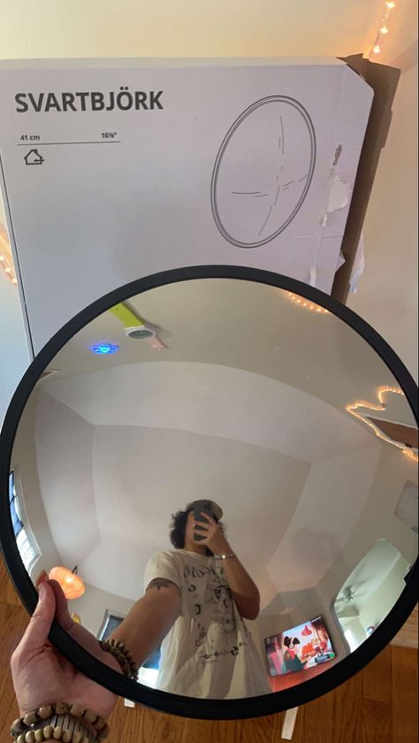 #ikea #trafficmirror Ikea Traffic Mirror, Road Mirror In Room, Street Mirror In Room, Convex Mirror Bedroom, Retro Minimalist Bedroom, Traffic Mirror In Room, Ikea Room Ideas Bedroom, Mirror With Stickers, Ikea Room Inspiration