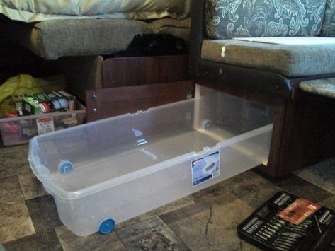 Under bench storage. RV Rangement Caravaning, Camper Storage Ideas Travel Trailers, Travel Trailer Hacks, Camper Organization Travel Trailers, Travel Trailer Organization, Camper Trailer Remodel, Camper Organization, Rv Camping Tips, Rv Travel Trailers