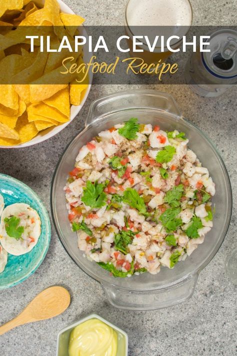 Tilapia Ceviche Recipe Mexican, Fish Ceviche Recipe Mexican, Authentic Ceviche Recipe, Tilapia Ceviche Recipe, White Fish Ceviche Recipe, Civeche Recipe, Ceviche Cocktail, Seviche Recipes, Peruvian Appetizers