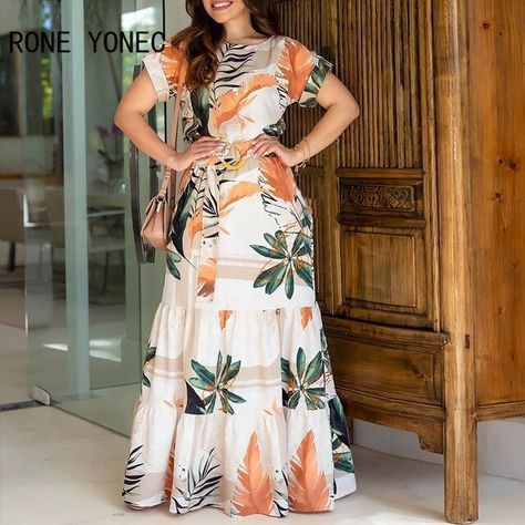 Vestido largo informal de manga corta con estampado Tropical para mujer, vestido de vacaciones 2021 _ - AliExpress Mobile Resort Maxi Dress, Tropical Print Maxi Dress, Leaves Print Dresses, Womens Long Dresses, Elegante Casual, Short Sleeve Maxi Dresses, Crewneck Dress, Orange Fashion, Maxi Dresses Casual