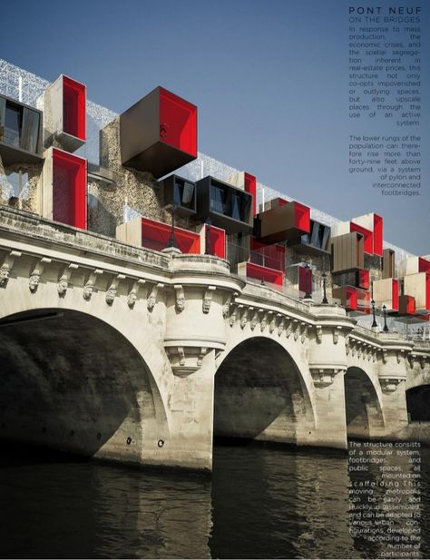 P O N T N E U F ON IHE BRIDGES. STEPHANE MALKA CHALLENGES THE TRADITIONAL PARISIAN STREETSCAPE" CTIYITQIVZIE "HALF MAD MAX. HALF FUN PALACE Parasitic Architecture, Conceptual Model Architecture, Renovation Architecture, Royal Ontario Museum, Architecture Concept Diagram, Building Renovation, Design Library, Bridge Design, Adaptive Reuse