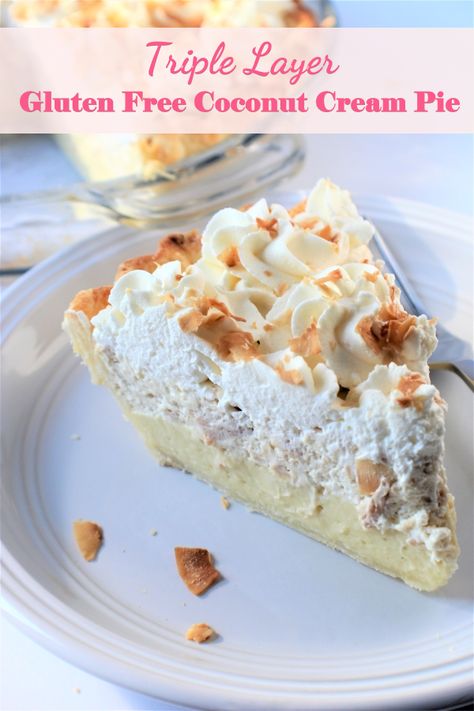 This gluten free coconut cream pie has three layers!! It starts with smooth coconut milk pastry cream followed by crunchy toasted coconut-filled cream, all topped with sweetened whipped cream! It’s the ultimate in coconutty creamy goodness! Gf Sweets, Sweetened Whipped Cream, Gluten Free Pie, Coconut Cream Pie, Gluten Free Cake, Gf Desserts, Pastry Cream, Gf Recipes, Tart Recipes