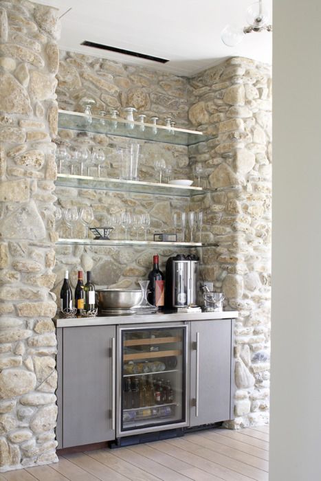 Stone Wall Wine Bar with glass shelves - Tim Thompson Wine Cellar Wet Bars, Stone Walls, Wine Room, Wet Bar, Wine Storage, Finishing Basement, Mini Bar, Wine Bar, Wine Cellar