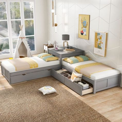 SOFTSEA Corner Platform Beds, Twin and Twin L-Shaped Platform Beds with Trundle and Drawers with Built-in Desk, 2 Twin Beds in One for Kids Teens Bedroom Furniture (Gray,3Bed) Twin Corner Beds, L Shaped Twin Beds, Corner Beds, Corner Bed Frame, Corner Twin Beds, L Shaped Beds, Small Shared Bedroom, Corner Loft, Bed Frame Twin