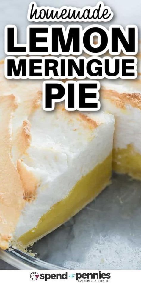 This easy lemon meringue pie recipe is made from scratch ingredients for the best homemade flavor ever! A creamy egg and lemon custard filling and a buttery pastry crust are the foundation for a fluffy cloud of golden brown meringue. It’s the perfect dessert for potlucks or a dinner party! Short on time? Use a pre-made crust instead! #lemonmeringuepie #lemonmeringuepierecipe #homemade #spendwithpennies Easy Lemon Meringue Pie Recipe, Grandma's Lemon Meringue Pie Recipe, Lemon Custard Filling, Easy Lemon Meringue Pie, Easy Lemon Meringue, Lemon Meringue Pie Easy, Best Lemon Meringue Pie, Lemon Meringue Pie Recipe, Toasted Meringue