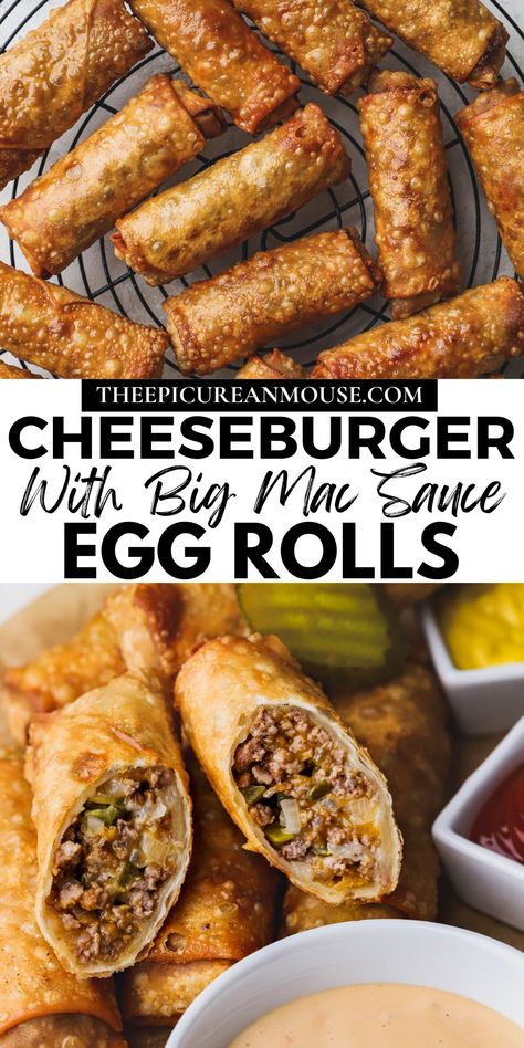 Cheeseburger Egg Roll Recipes, Meatball Egg Rolls, Best Takeout Food, Bacon Cheese Burger Egg Rolls, Cajun Chicken Egg Rolls, Unique Eggroll Recipe, Best Fried Food Recipes, Easy Egg Roll Recipes Chicken, Diy Fast Food Recipes