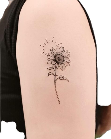 Flower With Sun Tattoo, Sunflower Friend Tattoos, Daisy And Sun Tattoo, Sunflower Tattoo Design Simple, Sun Tattoo Black And White, Sunflower Bunch Tattoo, Sunshine Sunflower Tattoo, Sunflower Small Tattoo, Sunflower Line Tattoo