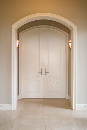 These double arch interior doors really create a Grand Entrance! Interior Arch Doorway, Double Interior Doors Ideas, Doorway Arch Decor, Double Door Bedroom Entrance, Arched Double Doors Interior, Arch Entrance Design, Arched Moulding, Arched Doorways Interior, Bedroom Double Doors