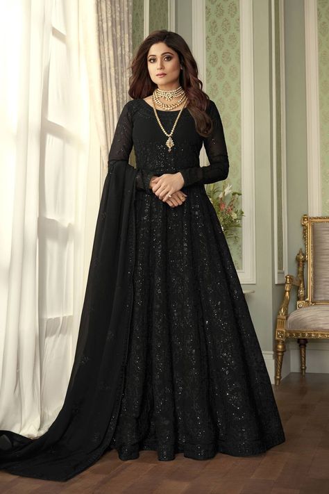 Shop Georgette Embroidered Dress Material Online Red Anarkali Suits, Long Anarkali Gown, Black Anarkali, Long Anarkali, Heavy Work, Designer Anarkali, Black Bridal, Anarkali Gown, Embroidered Wedding