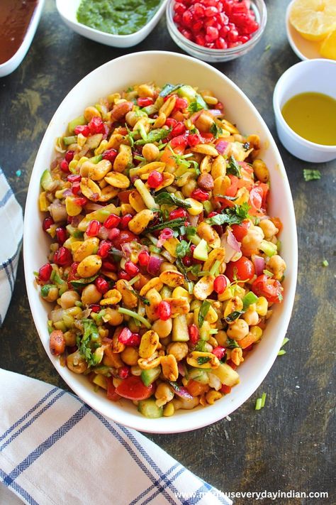 Indian Chaat Salad (The Best!) - Madhu's Everyday Indian Chaat Salad, Indian Salad Recipes, Tamarind Date Chutney, Indian Salad, Indian Chaat, Indian Salads, Easy Mocktail Recipes, Vegetable Salad Recipes, Salads Recipes