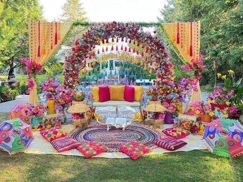 Rainbow Theme Wedding, Mehndi Stage Decor, Mehndi Decoration Ideas, Haldi Decoration Ideas, Small Wedding Decor, Indian Wedding Theme, Wedding Mehendi, Mehendi Decor Ideas, Mehendi Ceremony