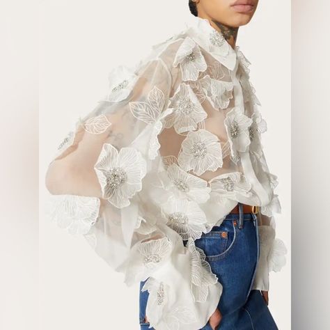 Absolutely Fabulous Addition To Your Wardrobe. A Unique And Delicate Piece. Just Like The Top For Over $5,800.00. Delicately Placed 3d Flowers And Crystal Pearl Embellishment Bring This Shirt To Life. Designed 3d-Embroidered Shirt Made Of A Sheer Organza. The Appliqu Flowers Are Modestly Placed, Making It Comfortable To Be Worn Alone Or Layered On A Delicate Cami. Superb Piece! Currently Available And In Stock Is Size, Large, And All The Rest Of The Sizes Will Be In Within 5 To 10 Days. Flower Shirt Outfit, Embroided Top, Embroidered Tshirts, Shirt With Flowers, Lace Trend, Minimalist Blouse, Flower Lapel, Flower Blouse, Applique Shirts