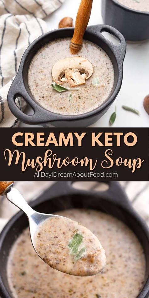 This creamy keto mushroom soup recipe is made with brown butter and sage for delicious rich flavor. Easy to make and with only 5 ingredients, it's a perfect keto soup recipe for those chilly days. Keto Cream Of Mushroom Soup, Keto Cream Of Mushroom, Keto Mushroom Soup, Keto Mushrooms, Soup Keto, Mushroom Soup Recipe, Keto Cream, Mushroom Soup Recipes, Cream Of Mushroom Soup