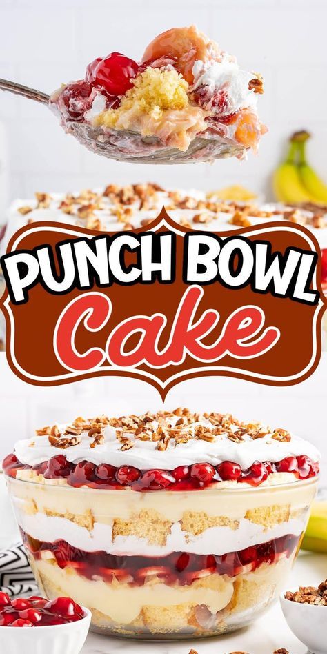 Punch Bowl Cake Recipe Easy, Punchbowl Cakes, Cherry Trifle Desserts, Strawberry Punch Bowl Cake, Punch Bowl Cake Recipe, Brunch Christmas, Summertime Desserts, Cherry Fluff, Trifle Bowl Recipes