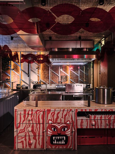 Street Food Interior Design, Asian Restaurant Interior Design, Asian Restaurant Design, Tiger Bar, Fat Kitty, Street Food Design, Embossed Tile, Street Food Market, Asian Interior